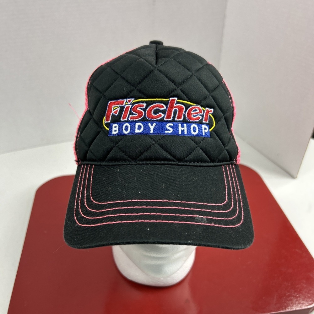 FISCHER BODY SHOP Adjustable Baseball Cap Hat Black/Pink Quilted Y2K Mesh Back